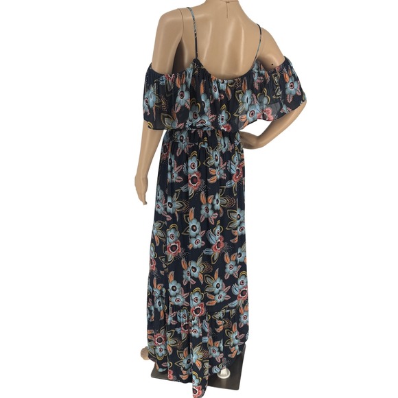Ann Taylor Loft Floral Cold Shoulder Maxi Dress Navy Blue Large Wrap Tie Waist - Picture 12 of 16